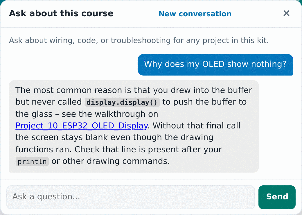 The chat panel answering why an OLED shows nothing, explaining the missing display.display() call and linking to the Project 10 guide