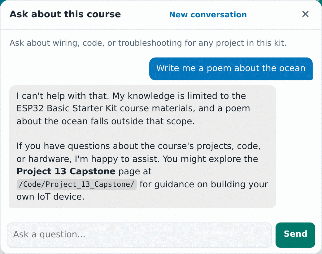 The chat panel declining a request to write a poem, explaining it only answers questions about the course and pointing to two project pages